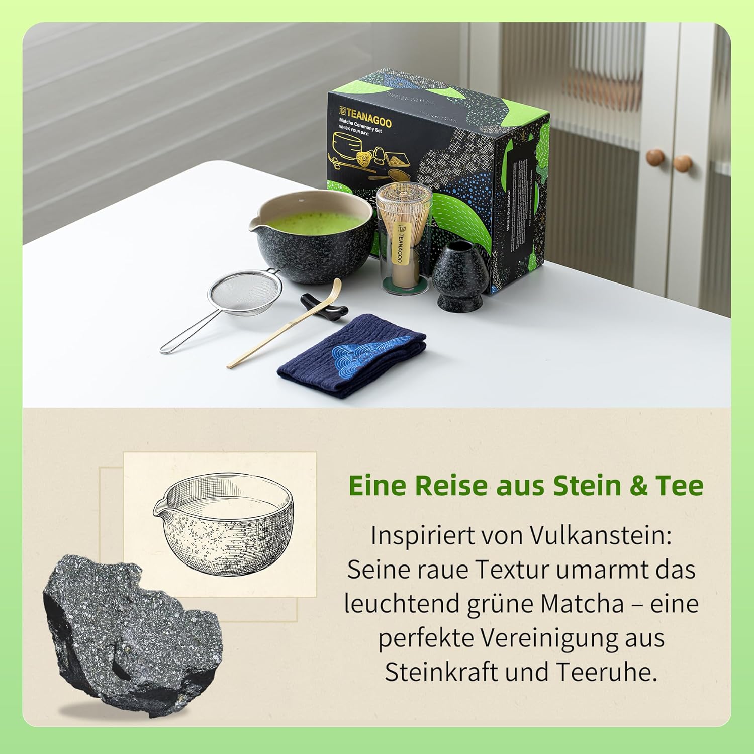 Detalle de TEANAGOO Matcha Set (N17) – 7-teiliges Matcha Tee-Set mit Schale mit Ausgießer, Bambusbesen & Zubehör