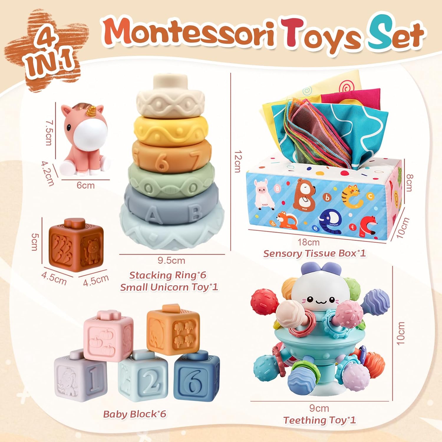 Thumbnail 1 de Almaxi Babyspielzeug 6–12 Monate bis 3 Jahre, 4-in-1 Montessori-Spielset mit Stapel-/Steckspiel, Tücherbox & Beißspielzeug