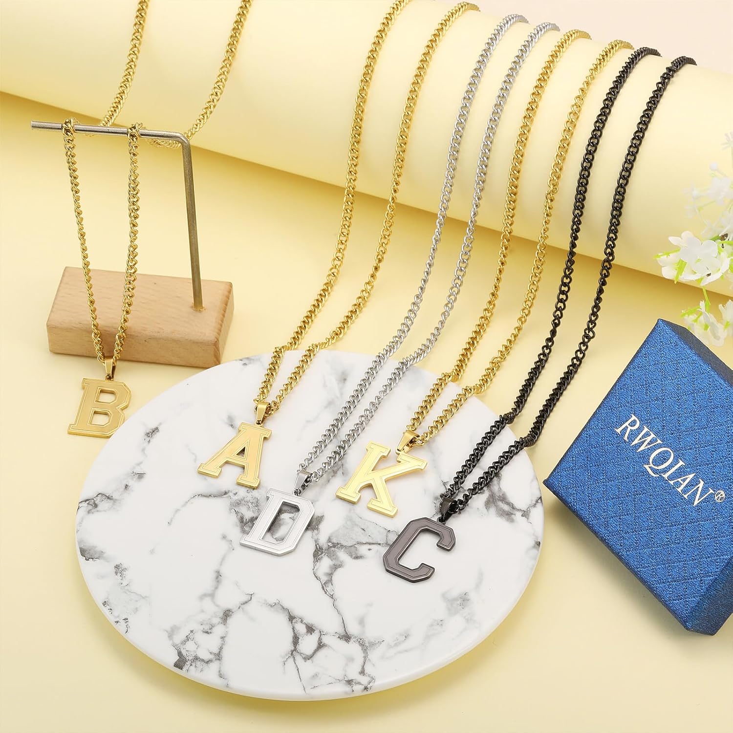 Thumbnail 6 de RWQIAN Mens Initial Necklace 60cm Stainless Steel with A–Z Pendant (Silver, Gold, Black) – Gift for Dad, Husband, Son
