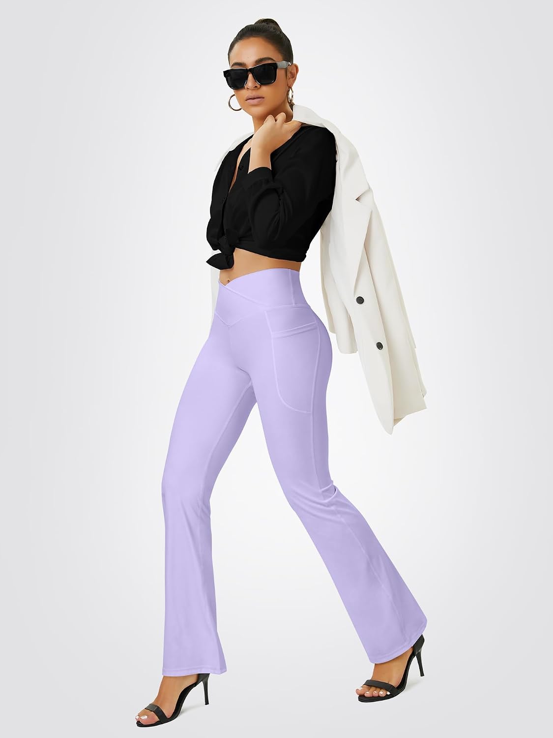 Thumbnail 6 de FOHOFO Crossover Flare Yoga Pants with Pockets, High-Waisted Bootcut Leggings