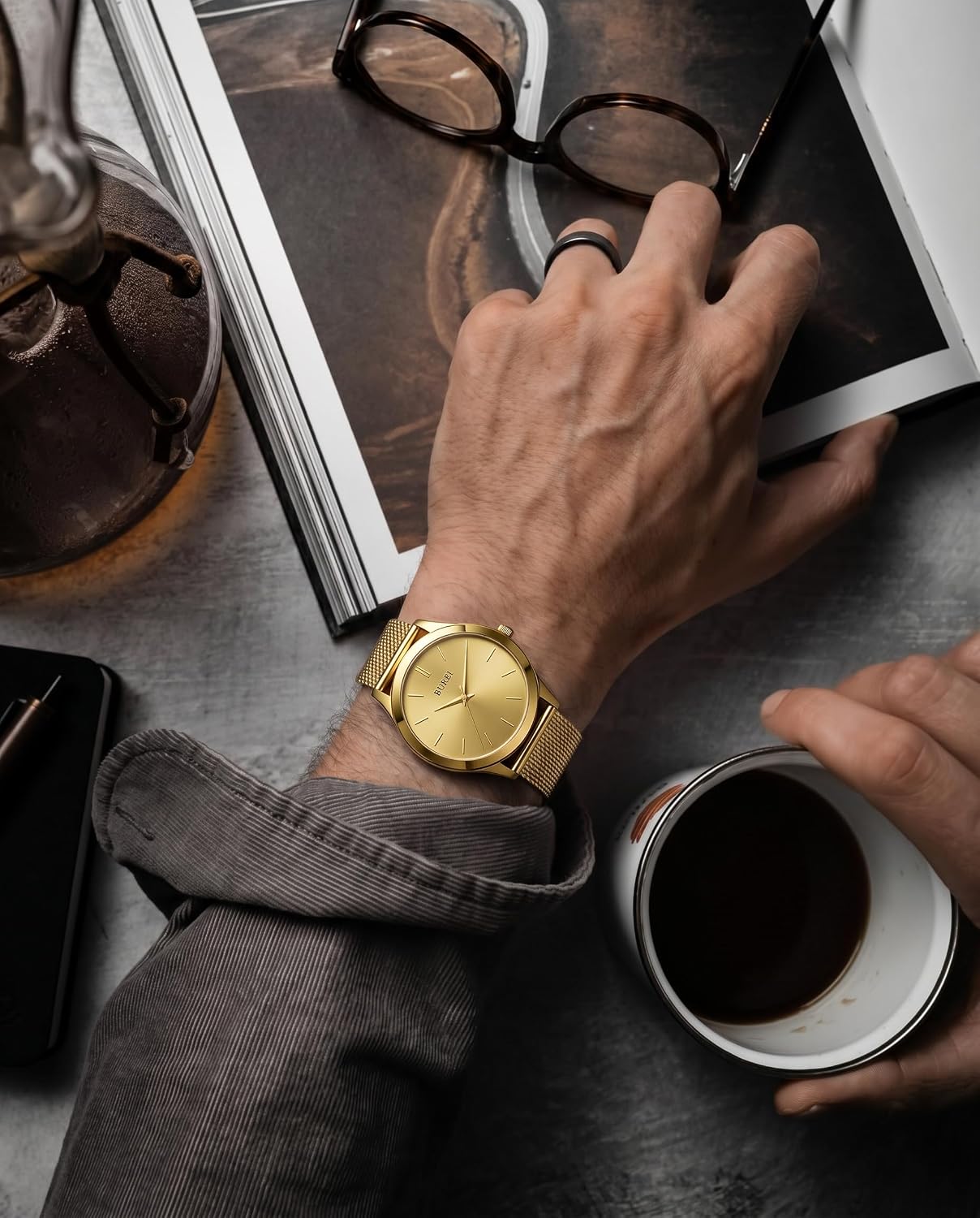 Detalle de BUREI Montre Homme Chronographe Classique – Cadran Blanc, bracelet cuir & acier inoxydable