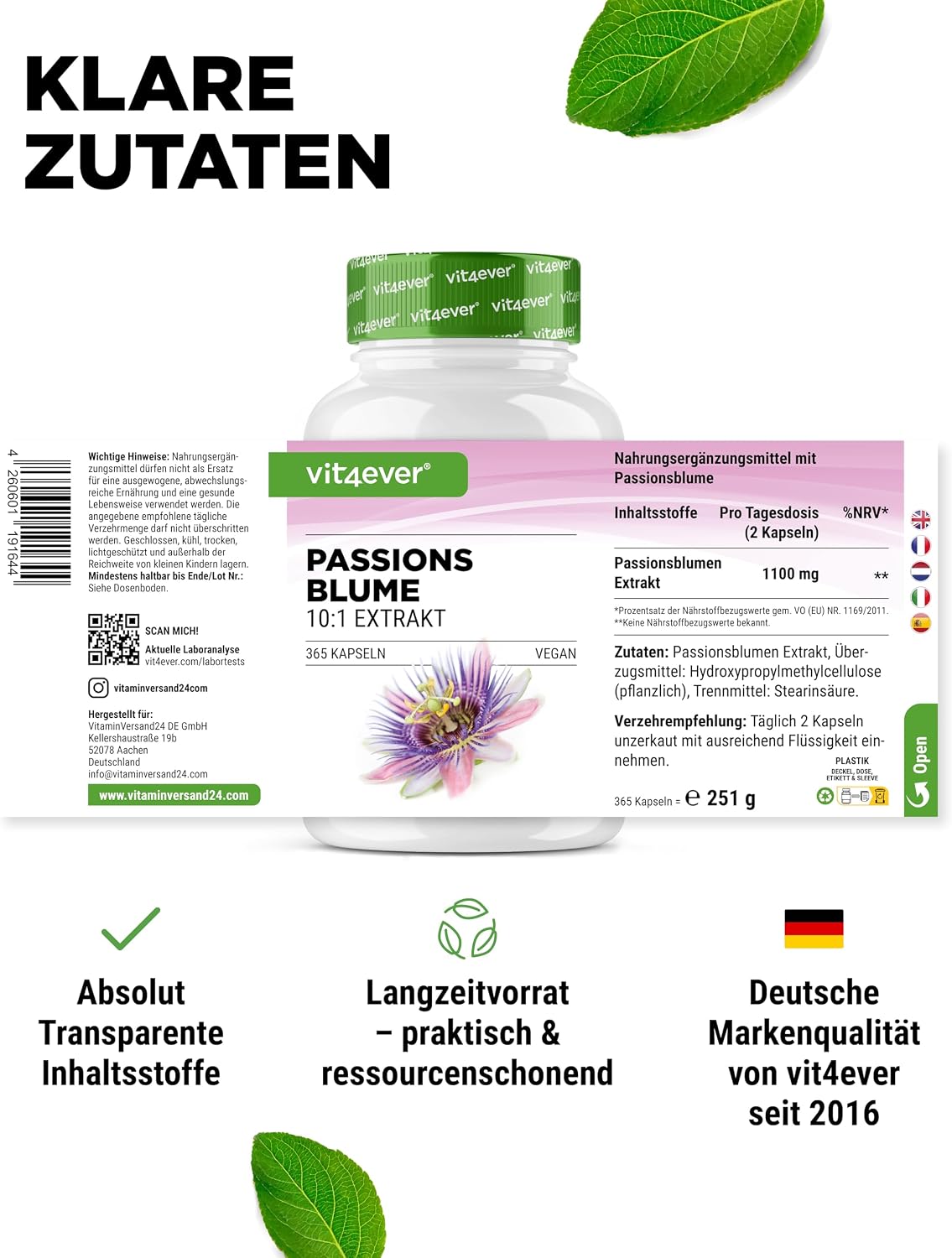 Detalle de Passionsblume Extrakt Premium 10:1 (1.100 mg) – 365 vegane Kapseln