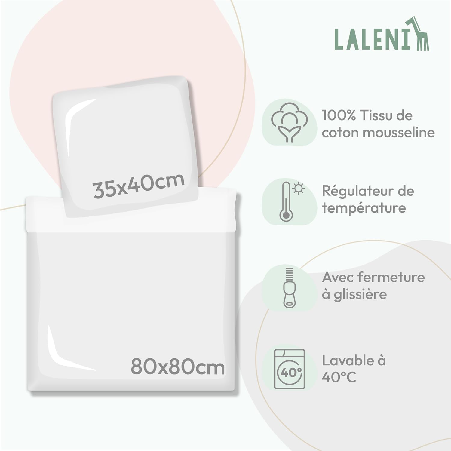 Thumbnail 1 de Laleni Parure de lit bébé en mousseline 80 x 80 cm (beige) + taie 35 x 40 cm, coton certifié Oeko-Tex