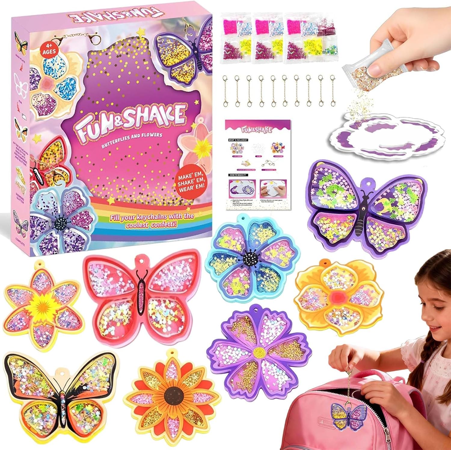 Detalle de Afufu Q9062 shaker-sleutelhangerset met glitter, bloemen en vlinders