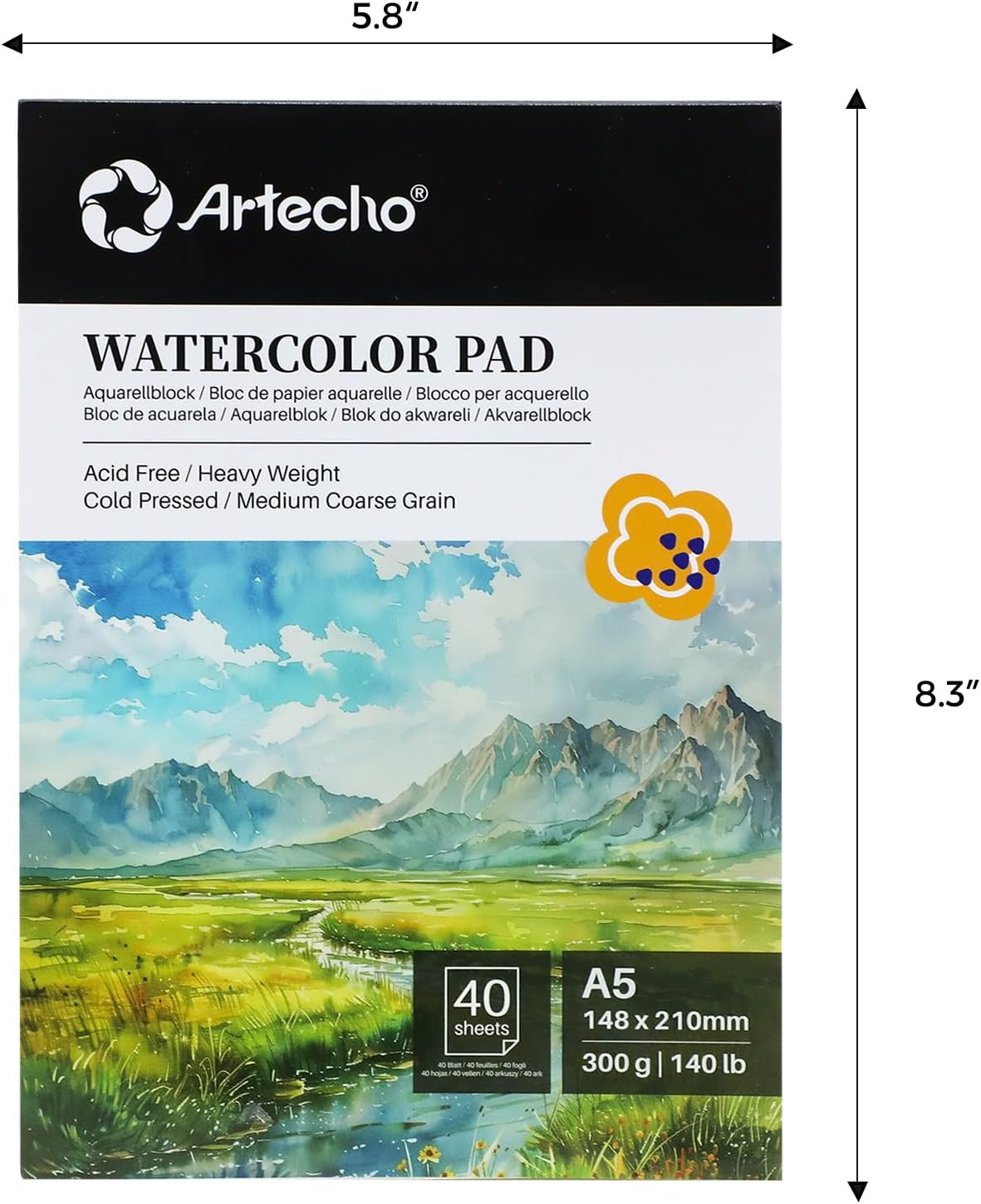 Thumbnail 1 de Artecho Aquarellpapier A5 (300 g) – 40 Blatt mit Aquarellpinsel und Bleistift, weiß