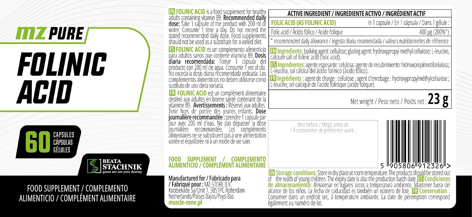 Detalle de Acido Folinico 400 mcg – MZ Meet the zone, 60 capsule vegane (sale di calcio) per supporto metabolico