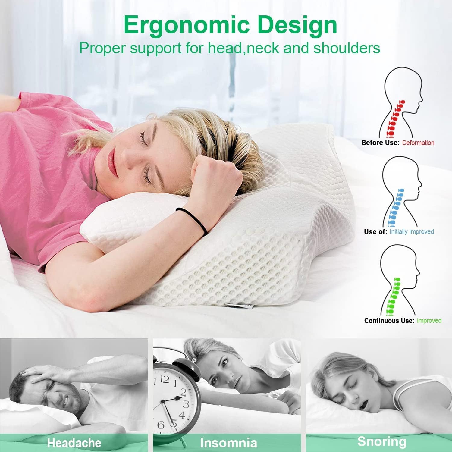 Thumbnail 2 de Elviros Cervical Memory Foam Pillow for Neck Pain: Ergonomic Support for Side, Back, and Stomach Sleepers