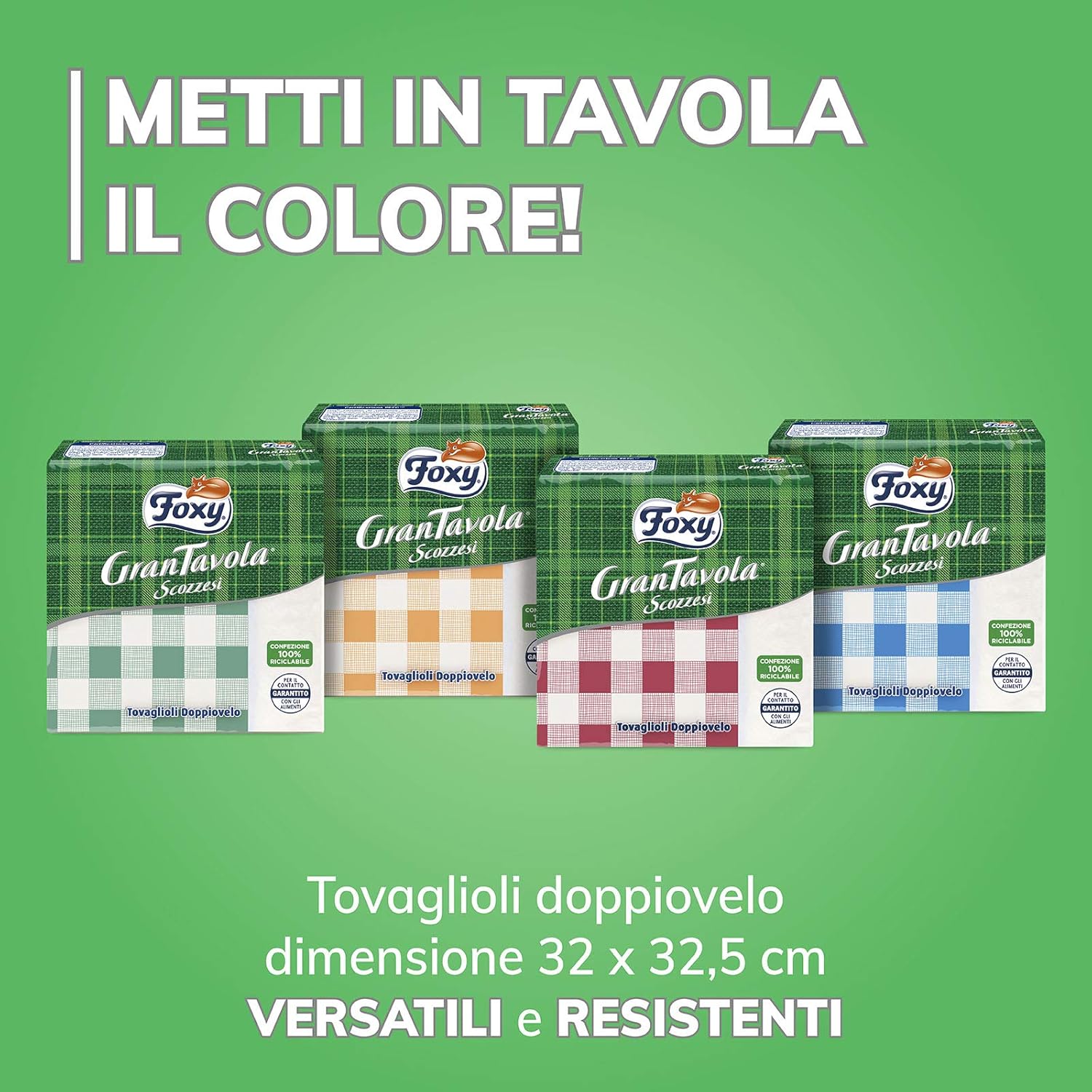 Detalle de Foxy GranTavola Scozzesi – Tovaglioli Doppiovelo, 36 Confezioni da 42 pezzi (32x32,5 cm) con Decoro Scozzese in 4 Colori