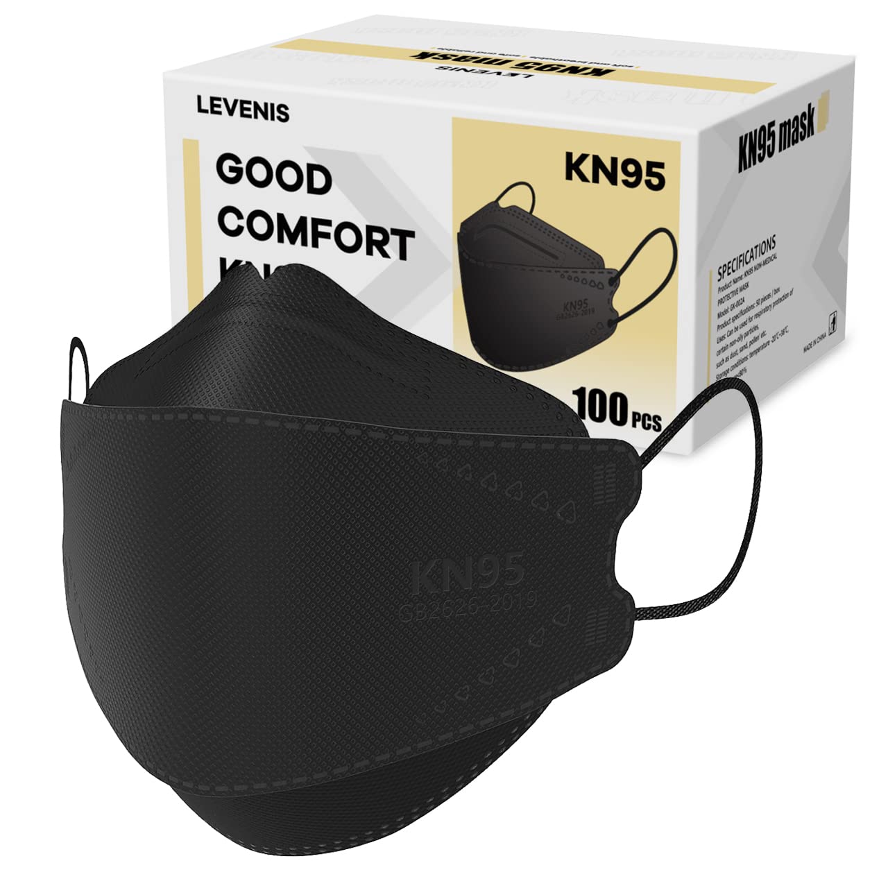 Detalle de LEVENIS KN95 Face Masks, Black Disposable 100-Pack with Lightweight 3D Design