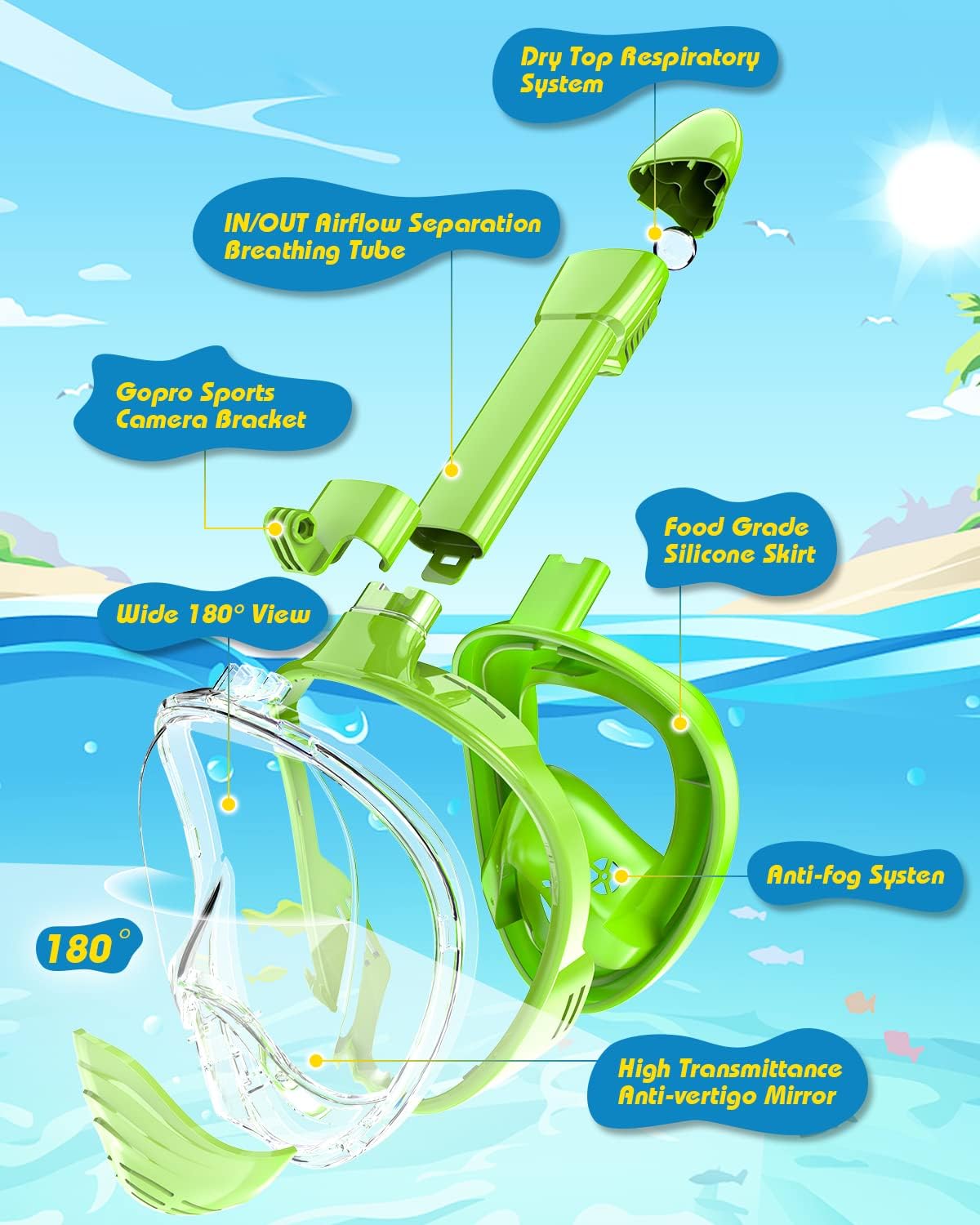 Detalle de QingSong Kids Full Face Snorkel Mask Set with Camera Mount