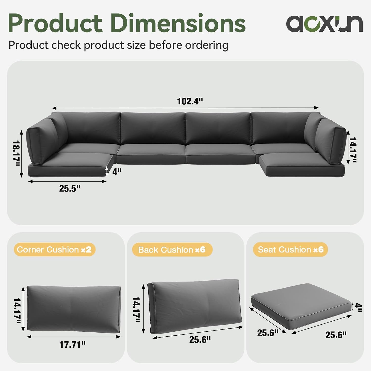 Detalle de Aoxun G86002-06DG-AXUS 14-Piece Patio Cushion Set, Gray, 4-Inch Seats