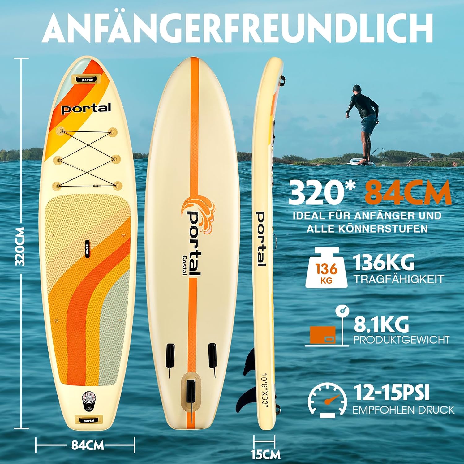 Detalle de Portal Stand Up Paddle Board 10'6 – Aufblasbares SUP-Board mit umfassendem Zubehörpaket