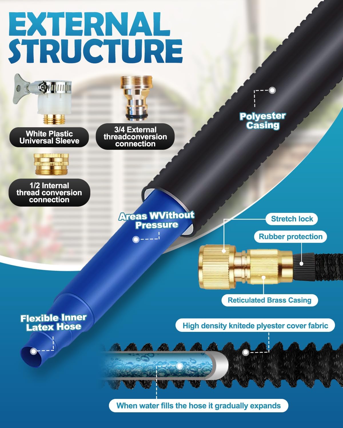 Thumbnail 2 de 150FT Expandable Garden Hose with 10-Function Spray Nozzle – leak-proof, kink-free flexible pipe (1/2 & 3/4 fittings)