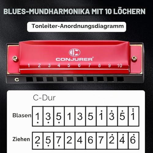 Detalle de Conjurer Blues Mundharmonika C-Dur WH1001 – 10-Loch Diatonische Harmonika, rotes Aluminiumgehäuse