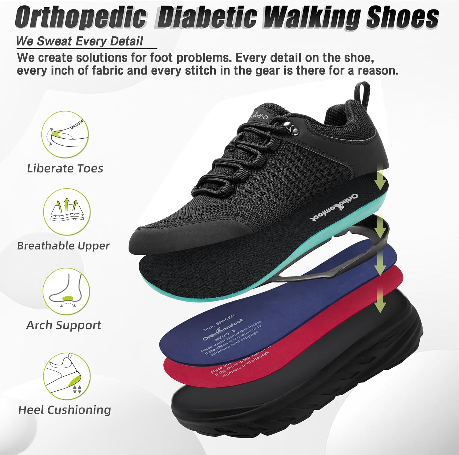 Detalle de OrthoComfoot Men’s Orthopedic Diabetic Wide Shoes with Arch Support and Wide Toe Box