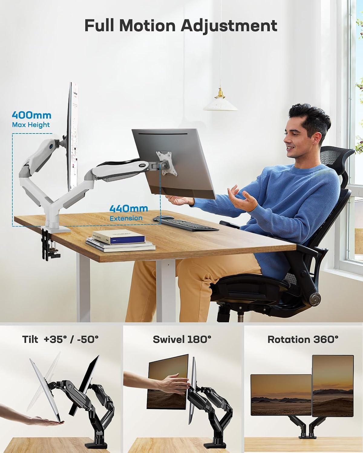 Detalle de HUANUO Monitorhalterung für 2 Monitore (13–32 Zoll) – VESA 75/100, 360° Drehung, kabelorganisiert, Weiß
