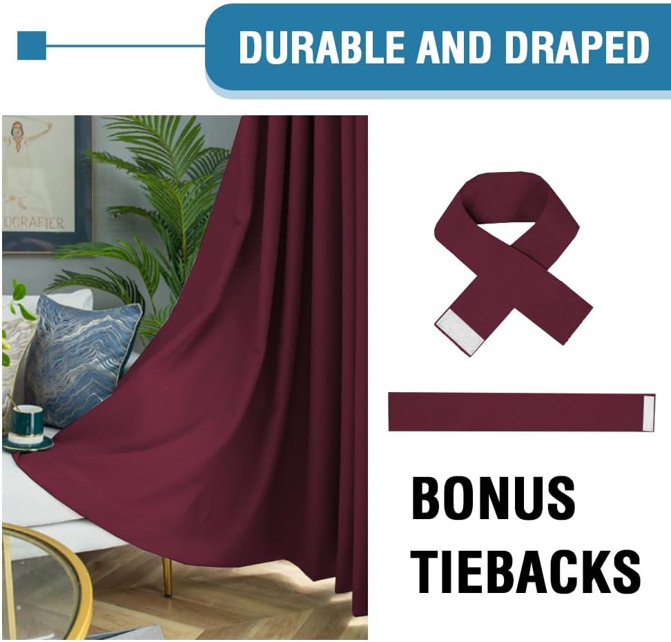 Thumbnail 5 de BellaHills 100% Blackout Curtains in Burgundy – 2 Panels, 90 x 72 Inches