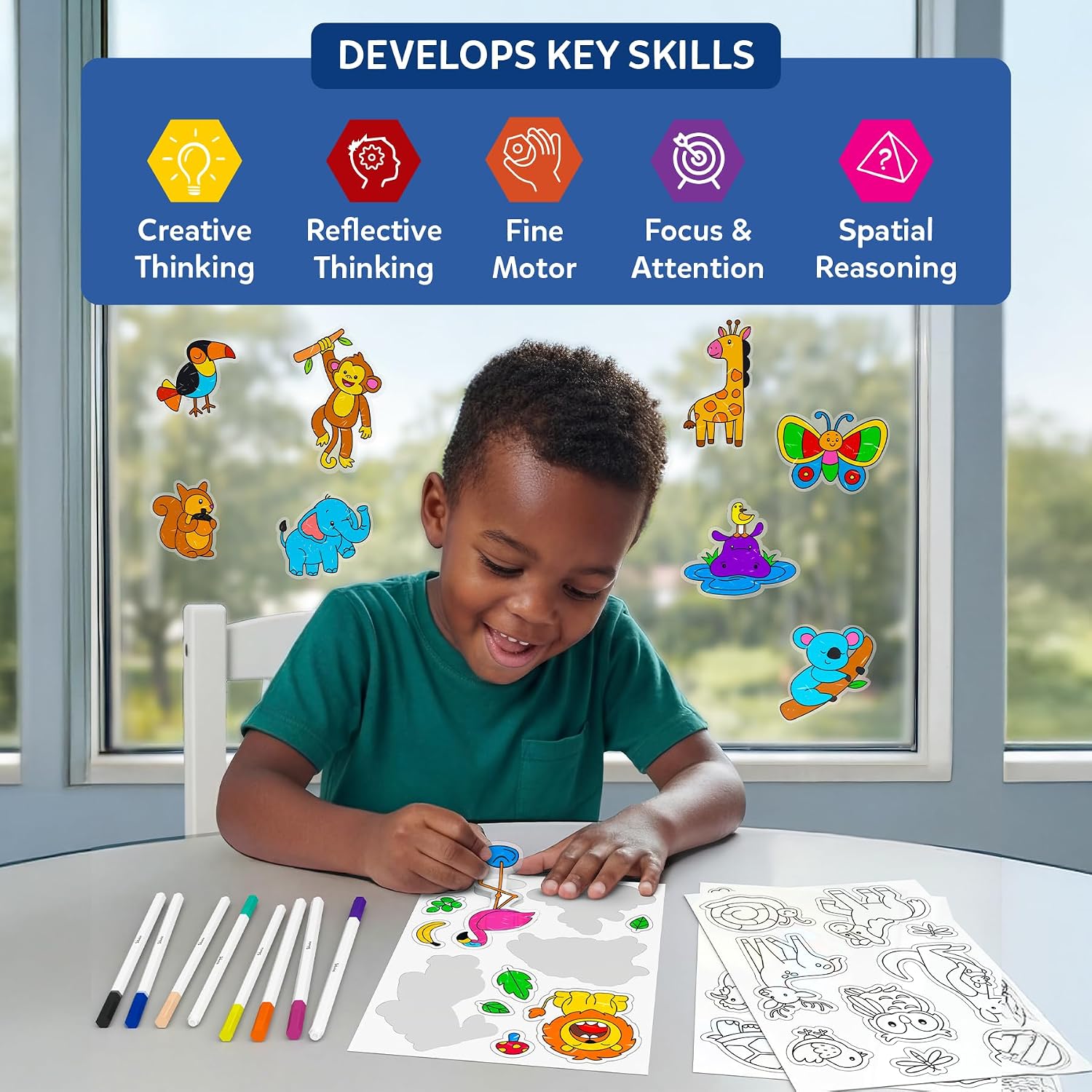 Thumbnail 6 de Skillmatics Color Clingz Animals: 50+ Reusable Static Stickers for Mess-Free Cling Art (Ages 3–7)