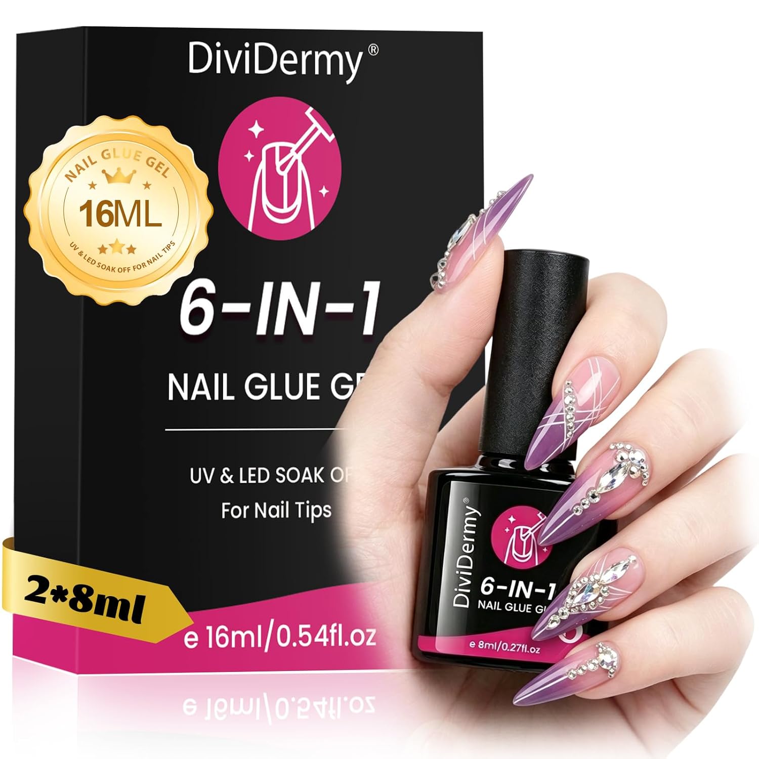 2X8ml Colle Faux Ongles UV 6 en 1 Professionnelle — Colle Capsule Extra Forte et Transparente