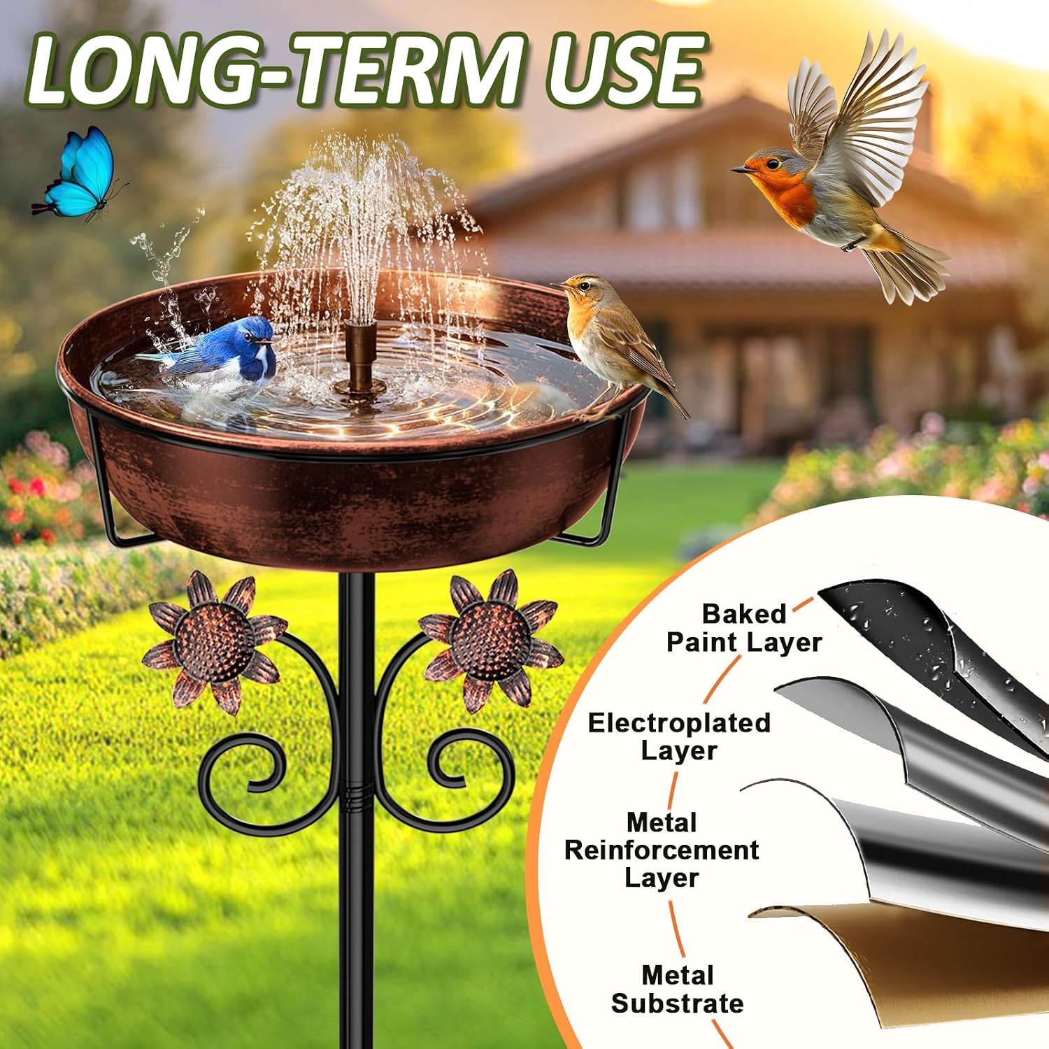 Detalle de LOVEBUY Metal Bird Bath -0518, 12-inch Removable Bowl, 5-Prong Stake