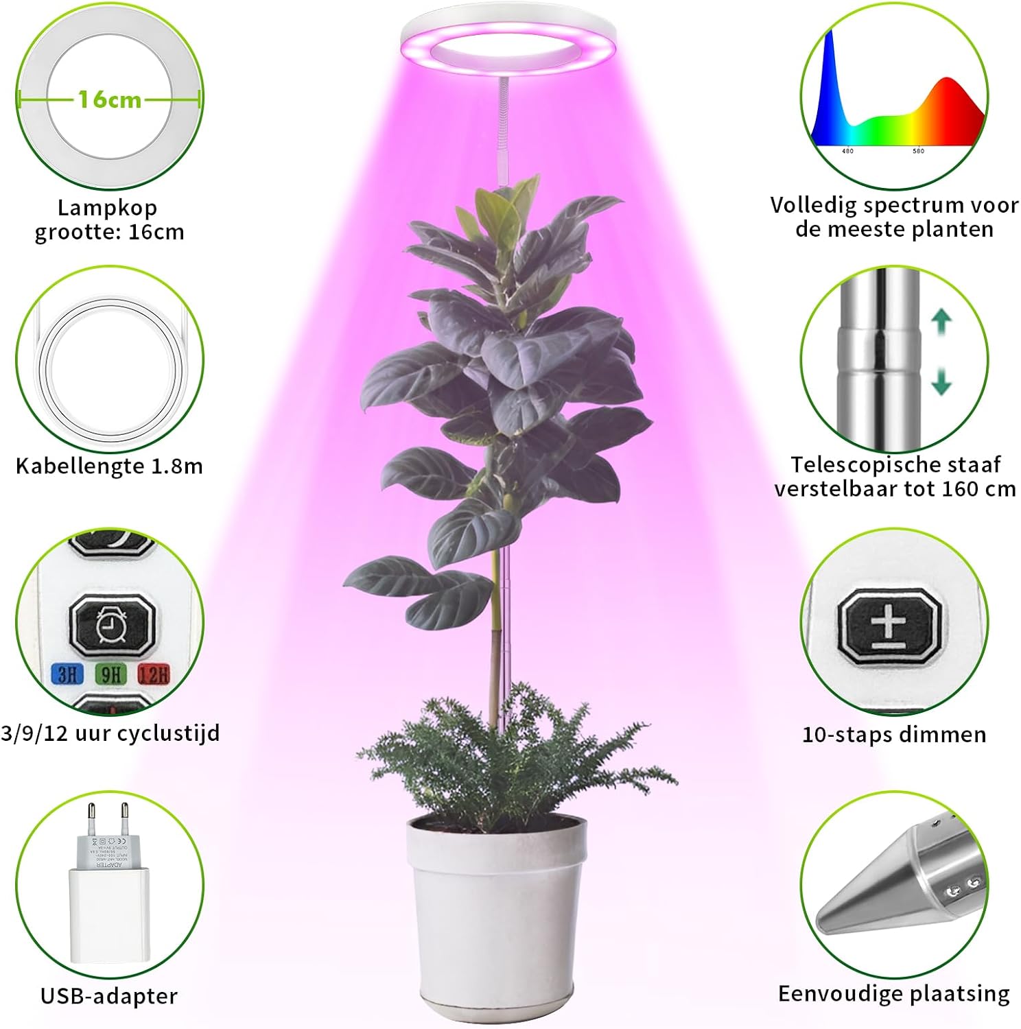 Detalle de INTERESTIME INT-PL160-W1 LED-plantenlamp, 72 leds, volledig spectrum en timer