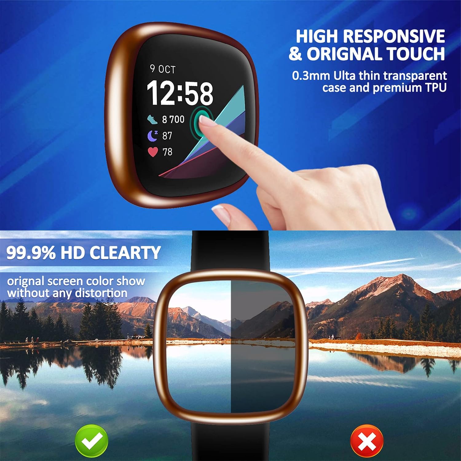 Detalle de TPU Screen Protector and Full Coverage Case for Fitbit Versa 4 (Rose Gold) – Waterproof