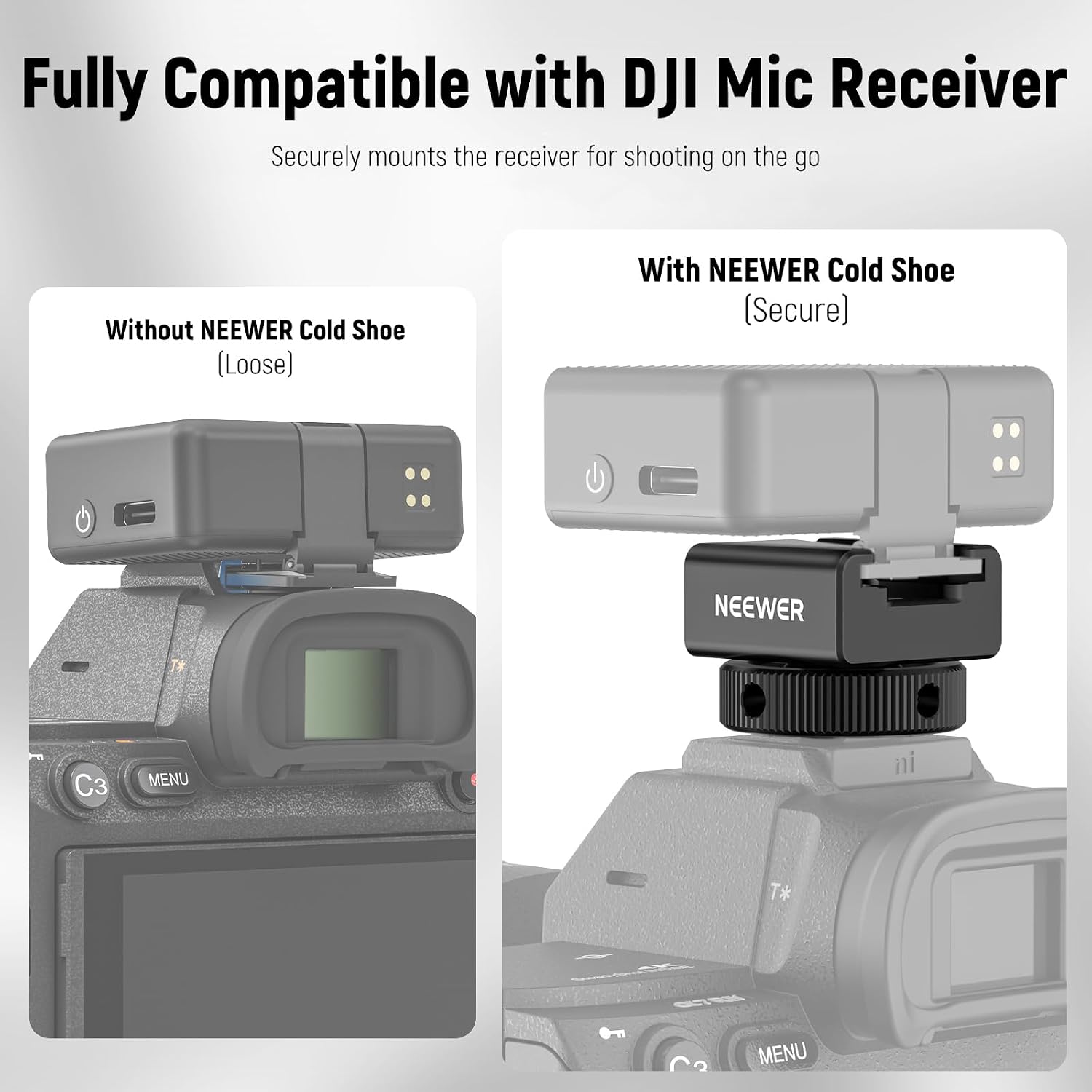 Detalle 2 de NEEWER Adattatore Cold Shoe UA079 per ricevitori microfono wireless (DJI Mic 2 / Rode Wireless GO II / Saramonic / NEEWER) con contatto offset