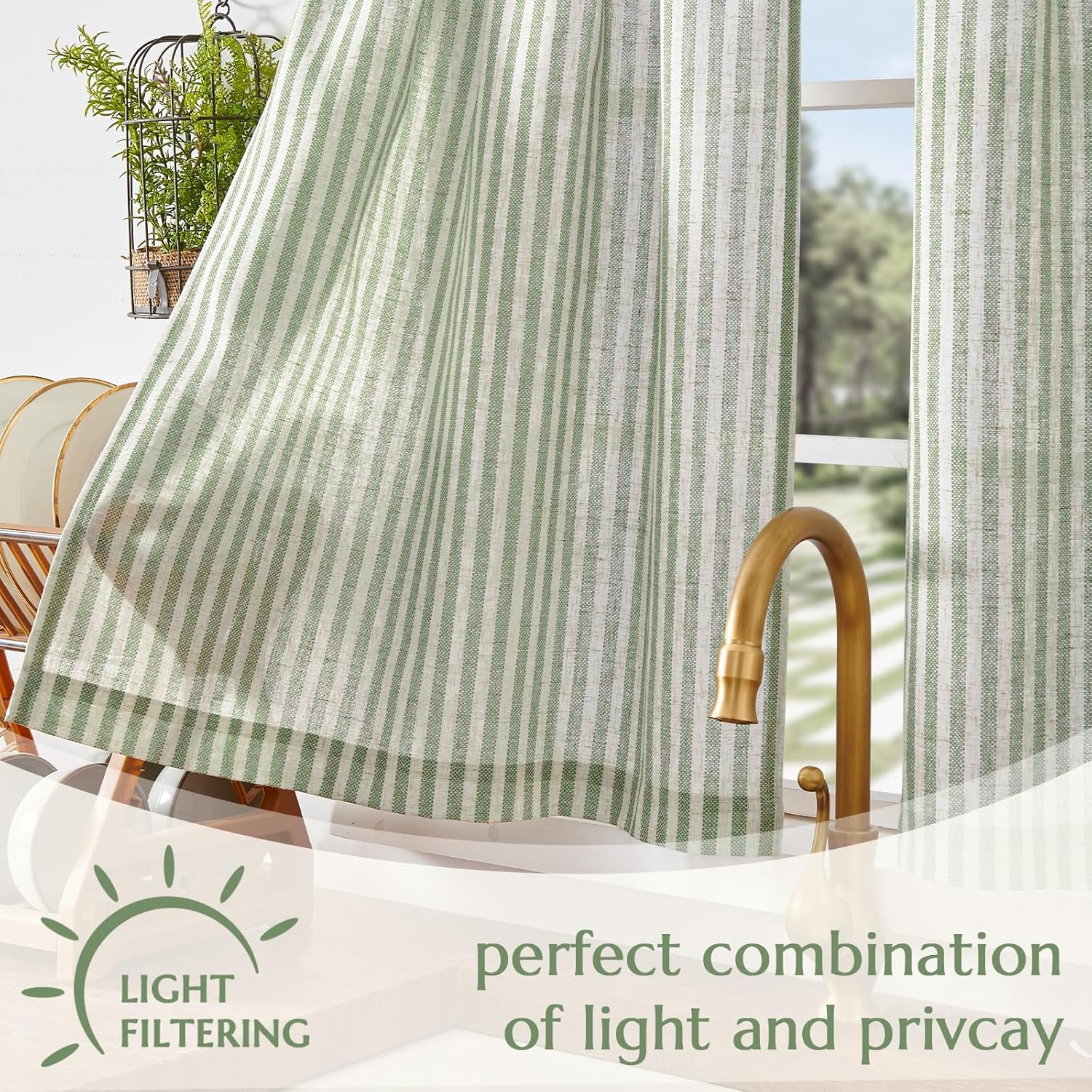 Detalle 2 de jinchan Striped Linen Kitchen Curtains 30" sage green curtains 🪟