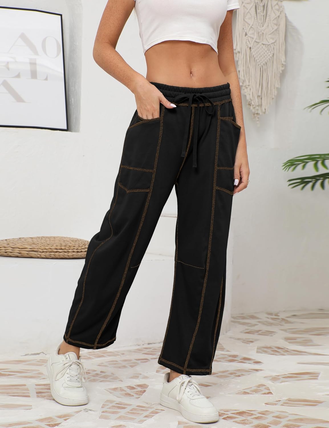 Thumbnail 3 de Athlisan Women’s Baggy Barrel Pants Wide-Leg Lounge Drawstring Sweatpants with Pockets