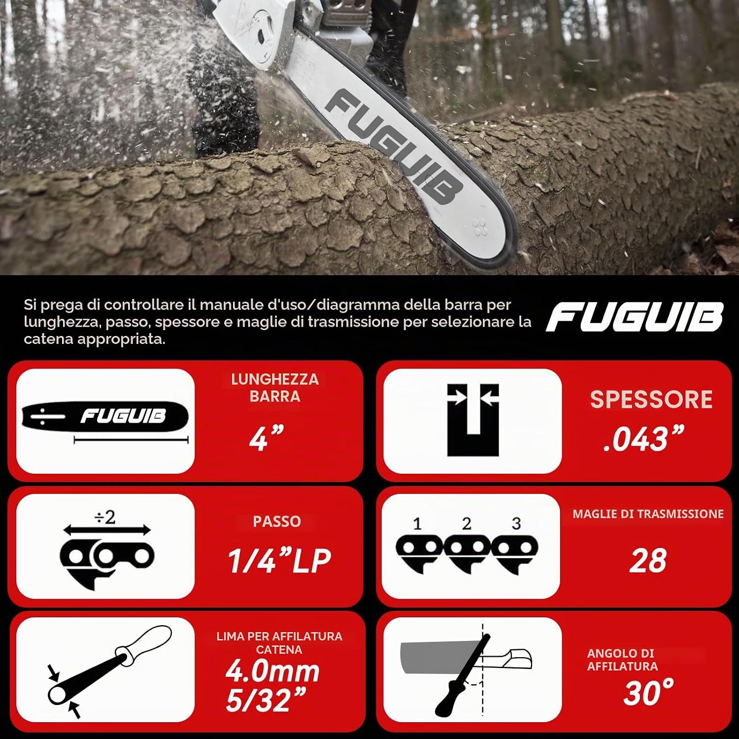 Thumbnail 1 de FuGuiB 4 Pollici Catena Motosega 1/4" LP, 1,1 mm, 28 maglie – compatibile con Stihl GTA 26