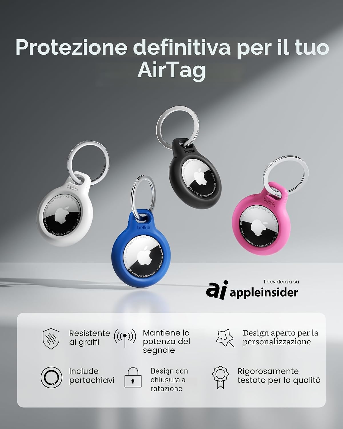 Detalle 2 de Belkin portachiavi per Apple AirTag (2 pezzi) con custodia e anello porta AirTag, nero e bianco