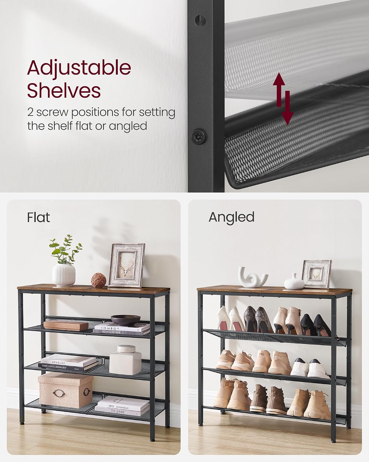 Detalle de VASAGLE Dacey LBS040B01 4-Tier Shoe Rack, Adjustable Mesh Shelves