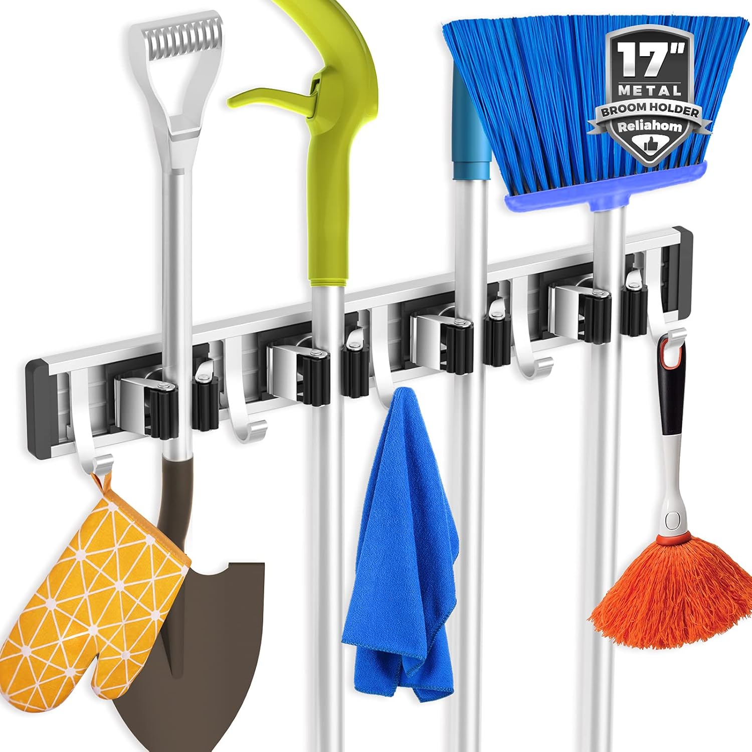 Thumbnail 6 de reliahom Broom Holder Wall Mount Mop Organizer 4 Racks with 5 Hooks