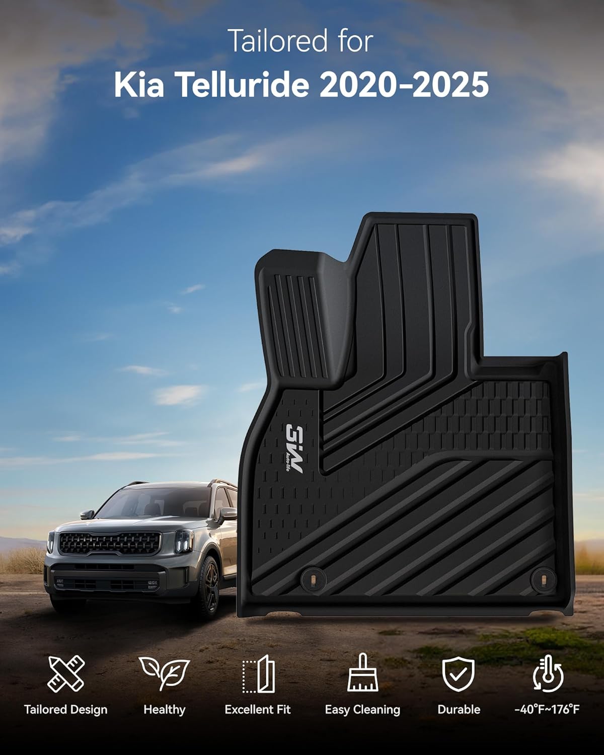 Thumbnail 1 de 3W TPE Floor Mats for Kia Telluride (2020–2025) — 7&8 Seats, All-Weather Custom Fit, Black
