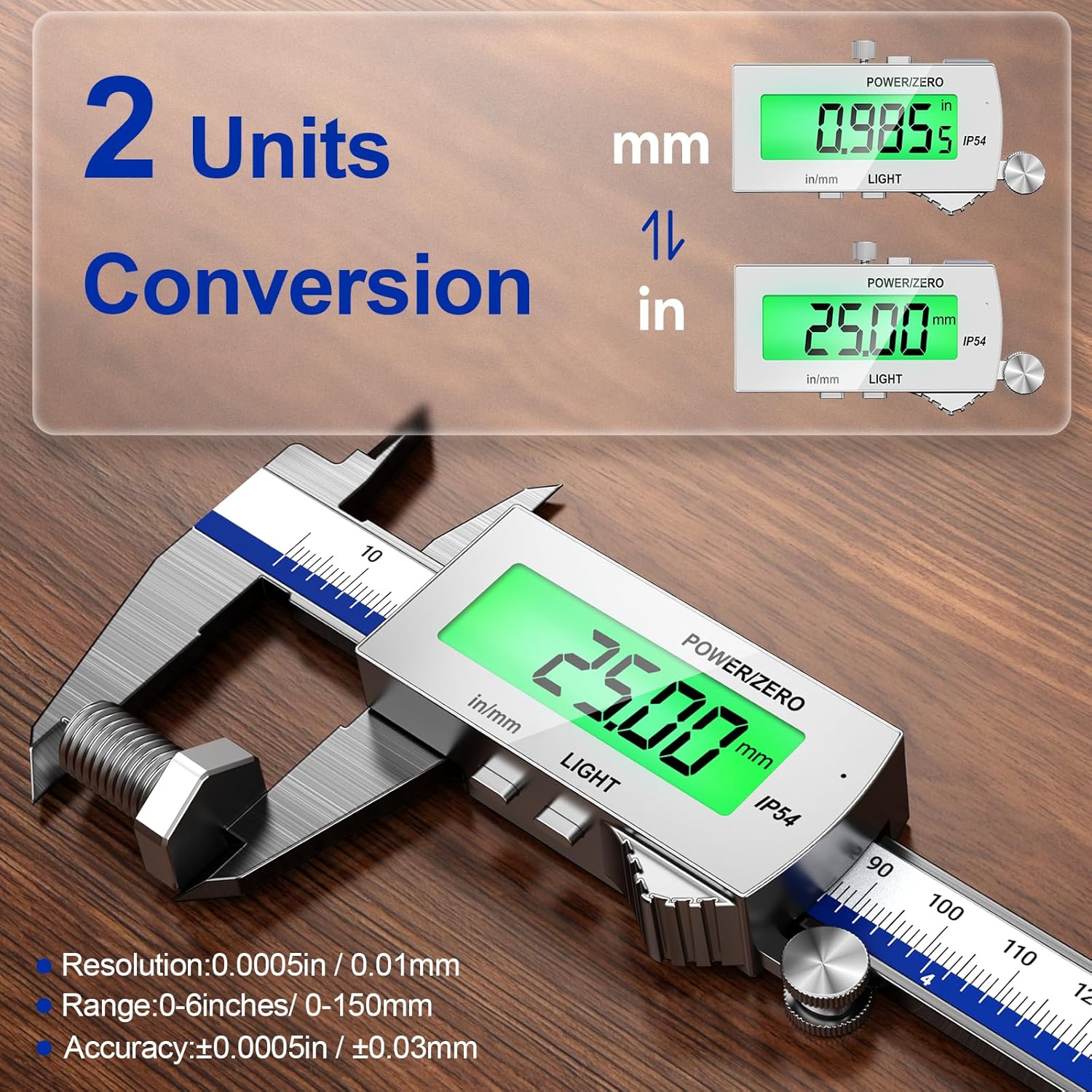Detalle de Pied à coulisse numérique Preciva 150 mm avec rétroéclairage et écran LCD (Rechargeable, IP54) – conversion mm/pouce