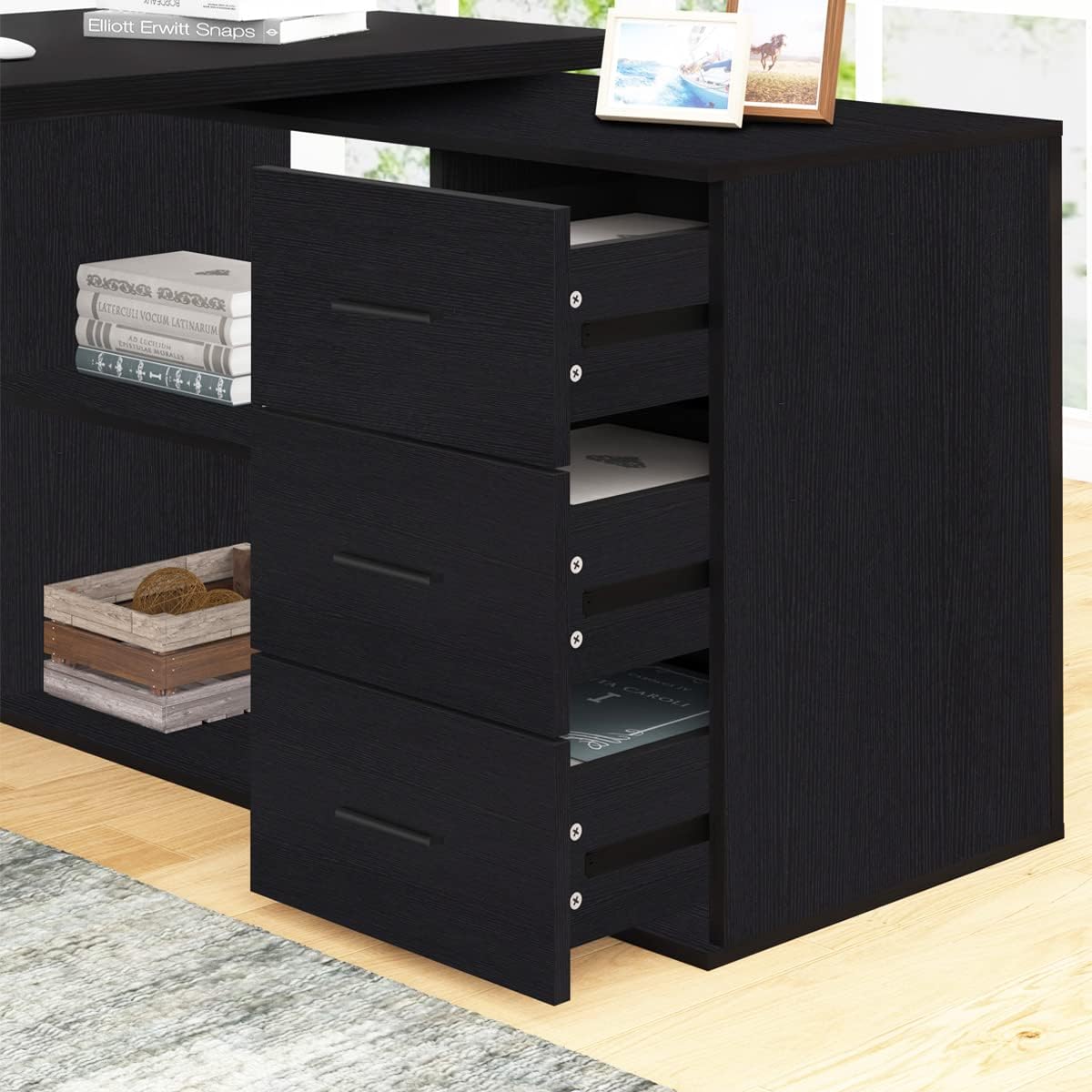 Detalle de HSH Eckschreibtisch in L-Form mit Schubladen, umkehrbar – großer Workstation-Arbeitsplatz (schwarz, 150 cm)