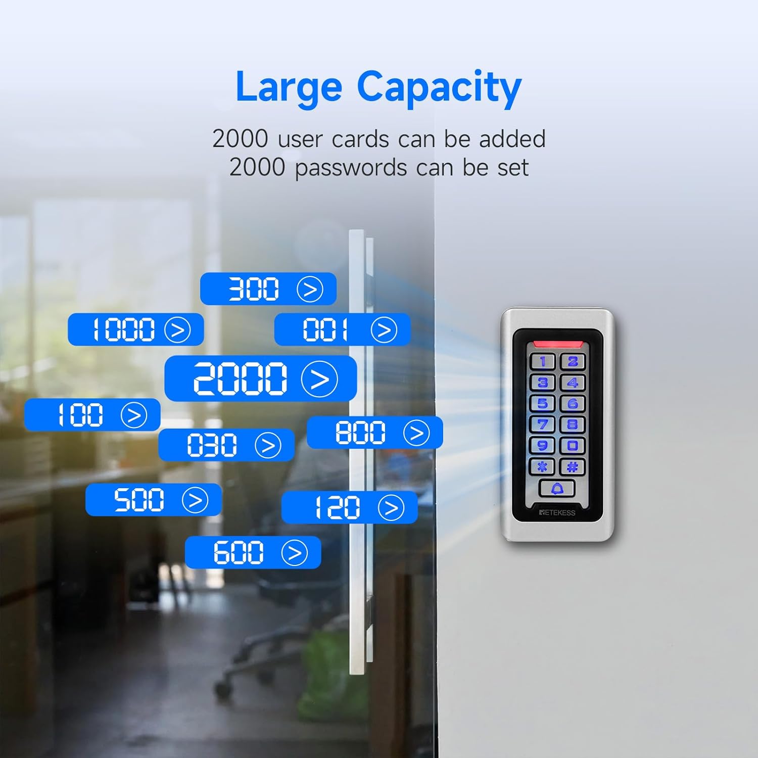 Detalle de Retekess T-AC03 tastiera di controllo accessi con lettore RFID 125 kHz e grado IP68, metallo argento