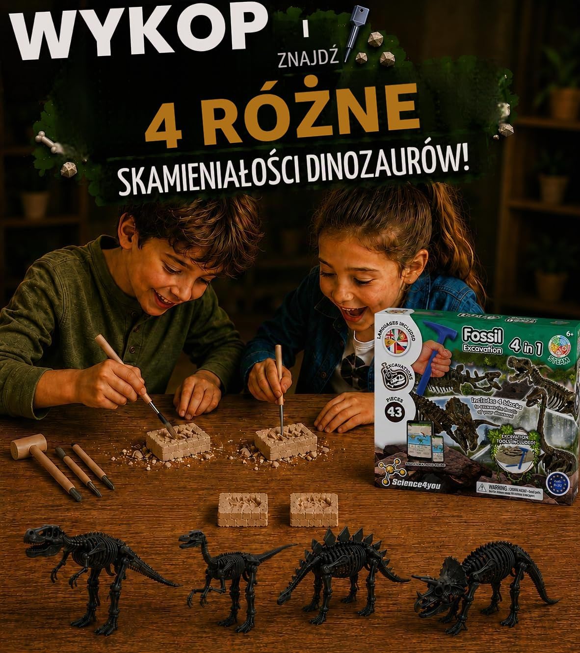 Detalle de Science4you 80000516 – zestaw do wykopalisk 4 w 1, 4 dinozaury