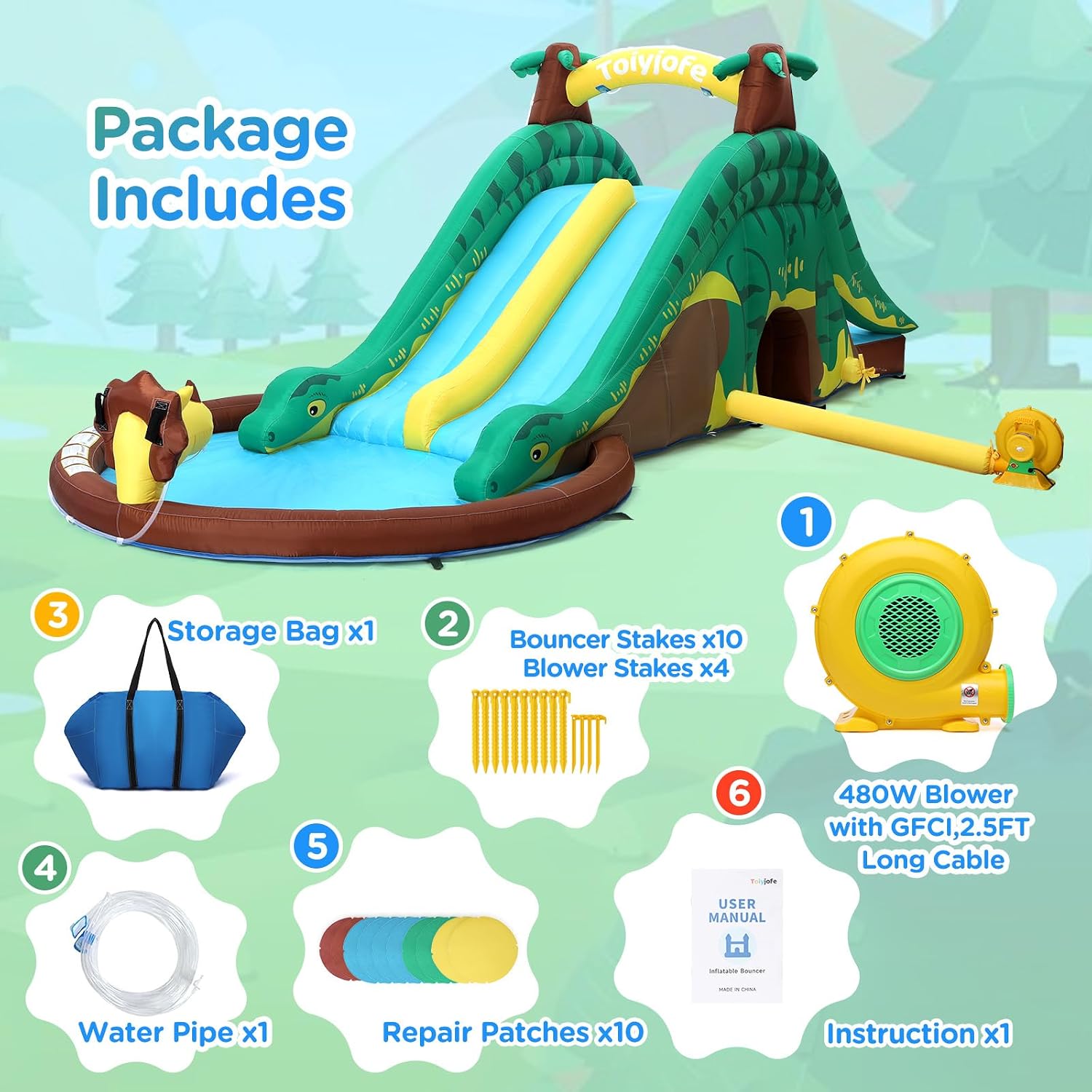 Thumbnail 6 de Dinosaur Water Slide Bounce House with Dual Slides & Splash Pool — 7-in-1 Backyard Water Park