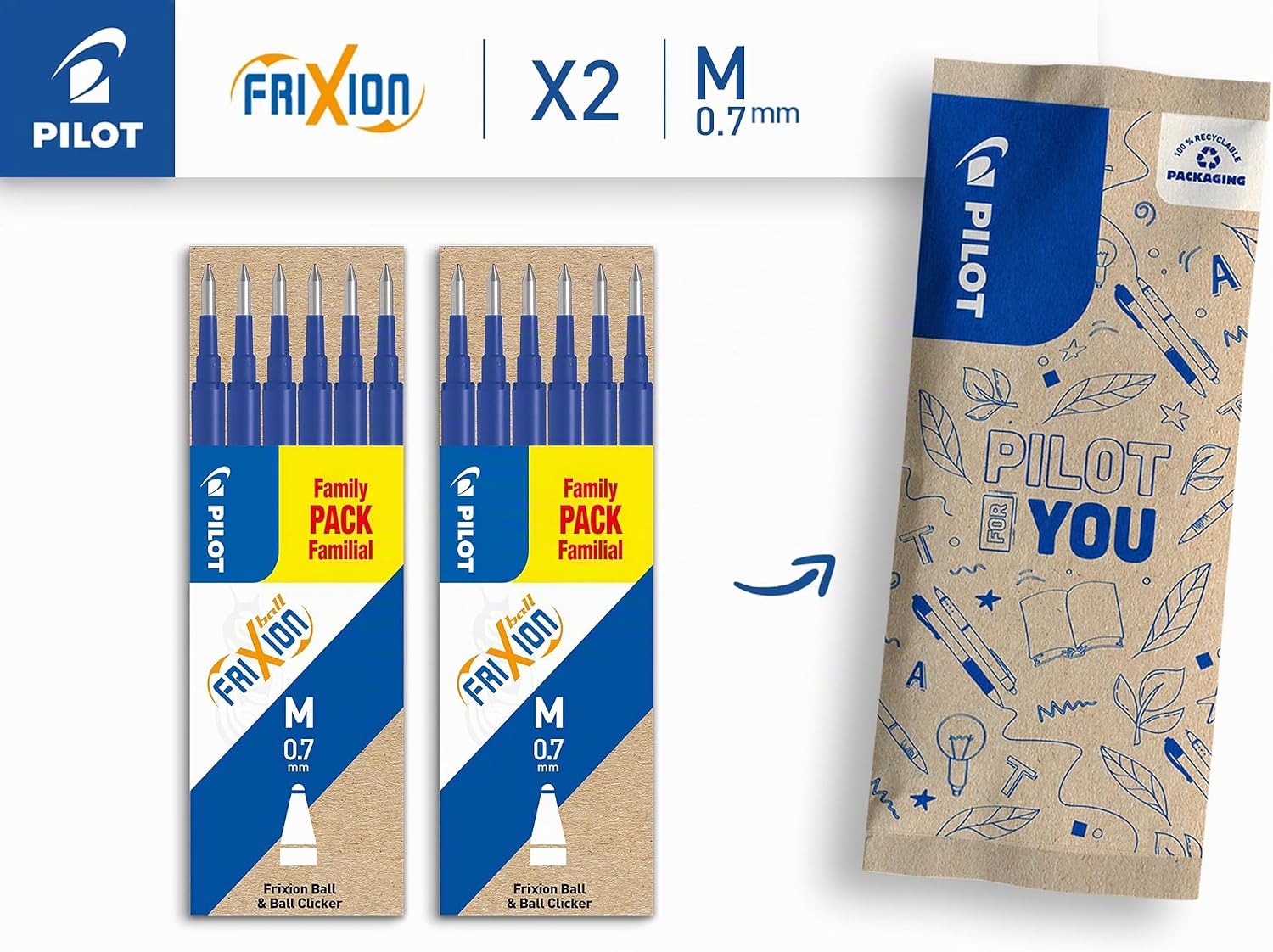 Detalle 2 de PILOT - 2 Etuis de 6 Recharges FriXion Bleu, Pointe Moyenne pour Stylo Effaçable