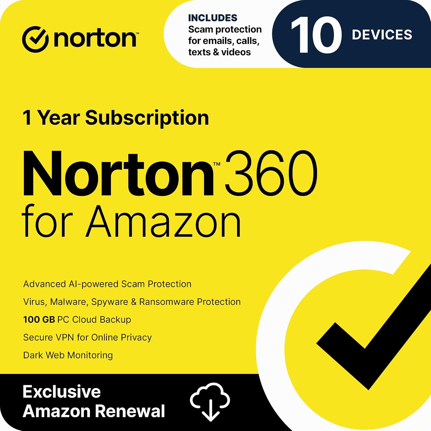 Detalle de Norton 360 for Amazon: Antivirus for Up to 10 Devices with AI Scam Protection, VPN & Dark Web Monitoring