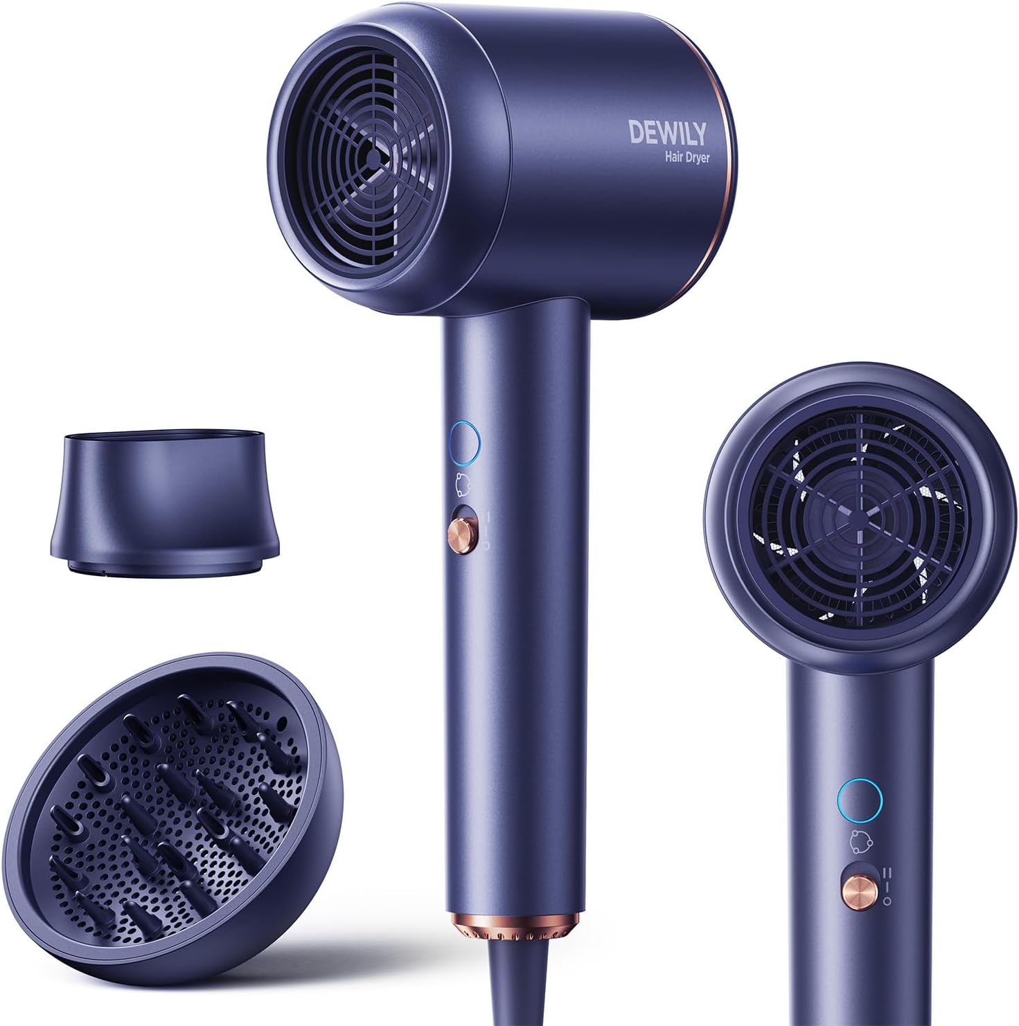 Detalle de DEWILY Ionen-Föhn 1800W mit Diffusor – kompakter Reisehaartrockner, 2 Geschwindigkeiten, 4 Temperaturstufen, Diffusor & Konzentrator, blau
