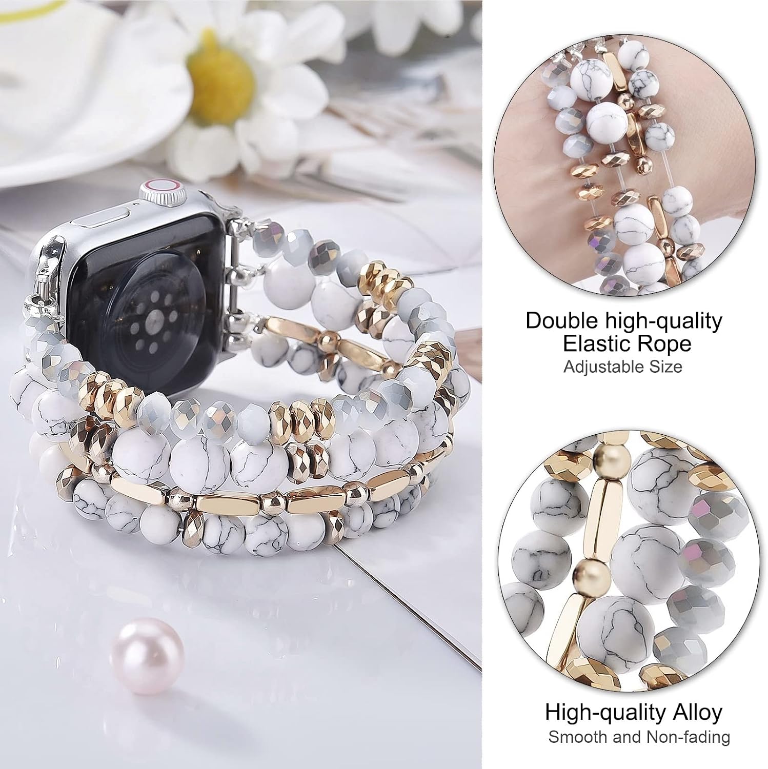 Detalle 2 de VISOOM Beaded Apple Watch Band, Natural Stone and Crystal, 38–42mm