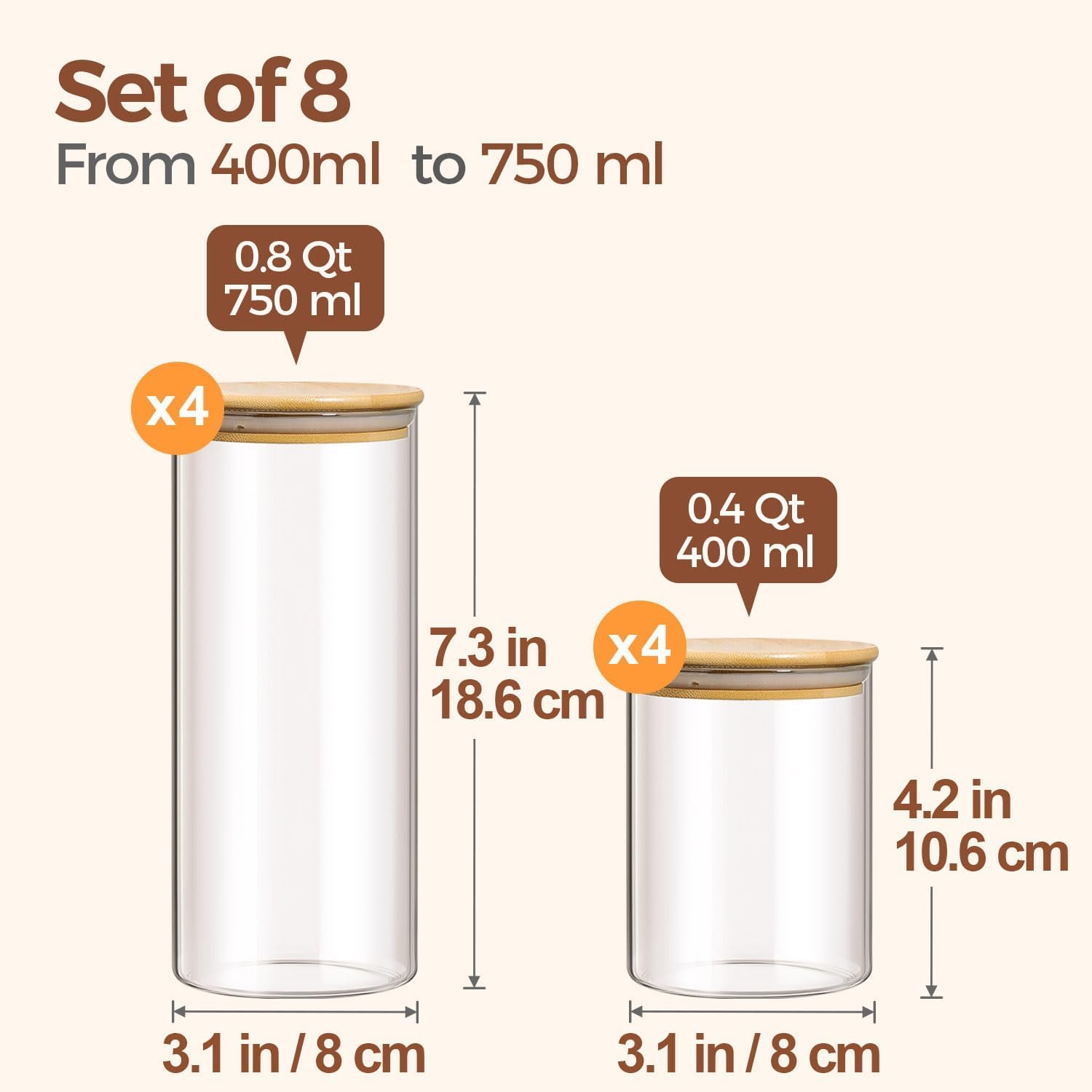 Detalle 2 de ComSaf Borosilicate Glass Storage Jars, 8-Piece 400 ml and 750 ml Set