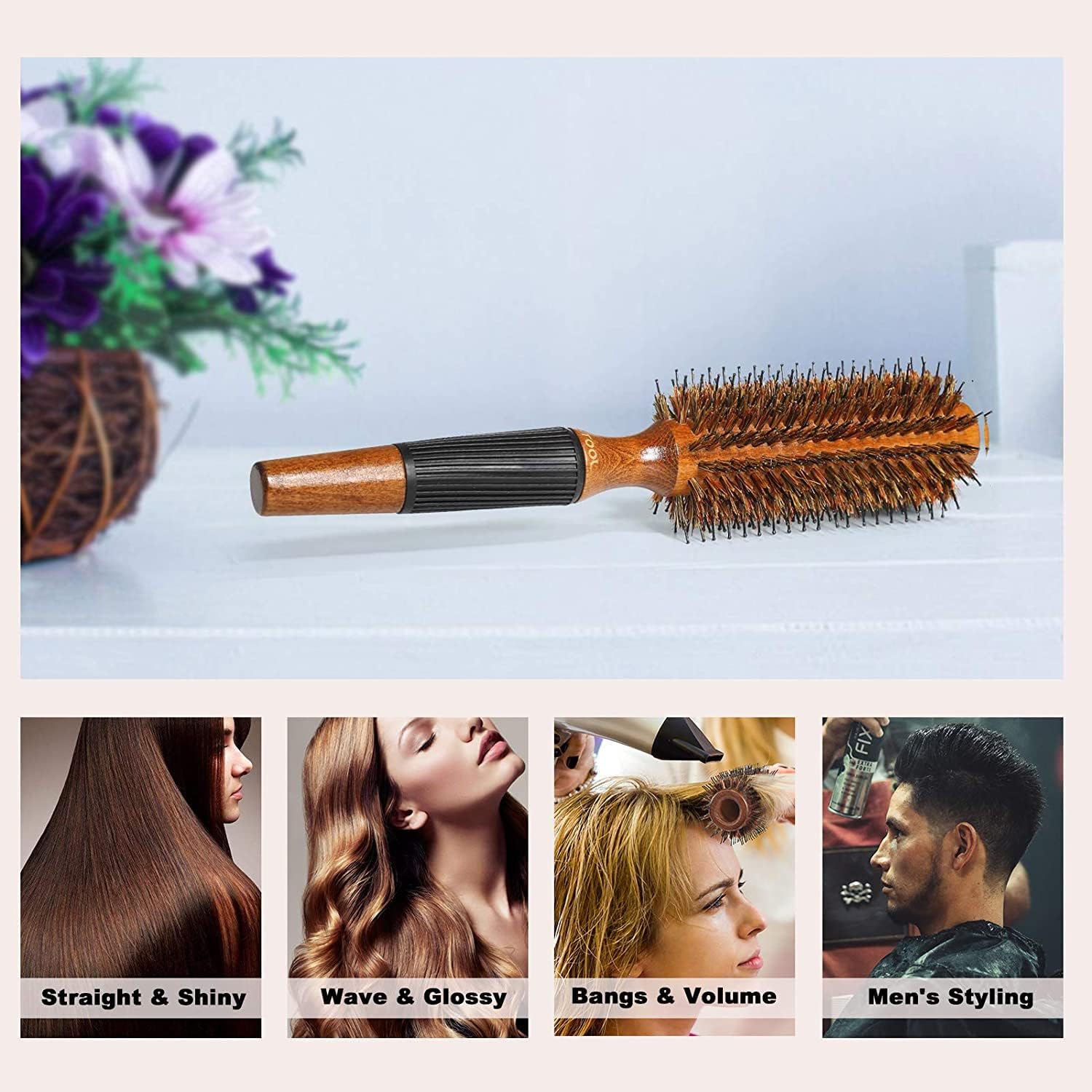 Detalle de BESTOOL Brosse ronde en poils de sanglier pour séchage au sèche-cheveux (baril en bois) – lissage et boucles