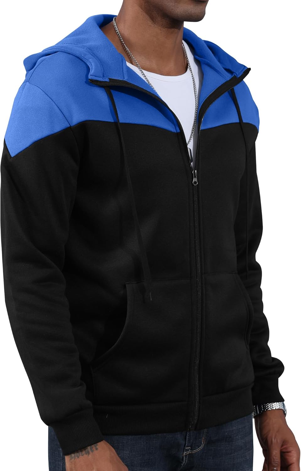Detalle 2 de Mens Fleece Zip Up Hooded Sweatshirt Patchwork – Casual Warm Hoodie