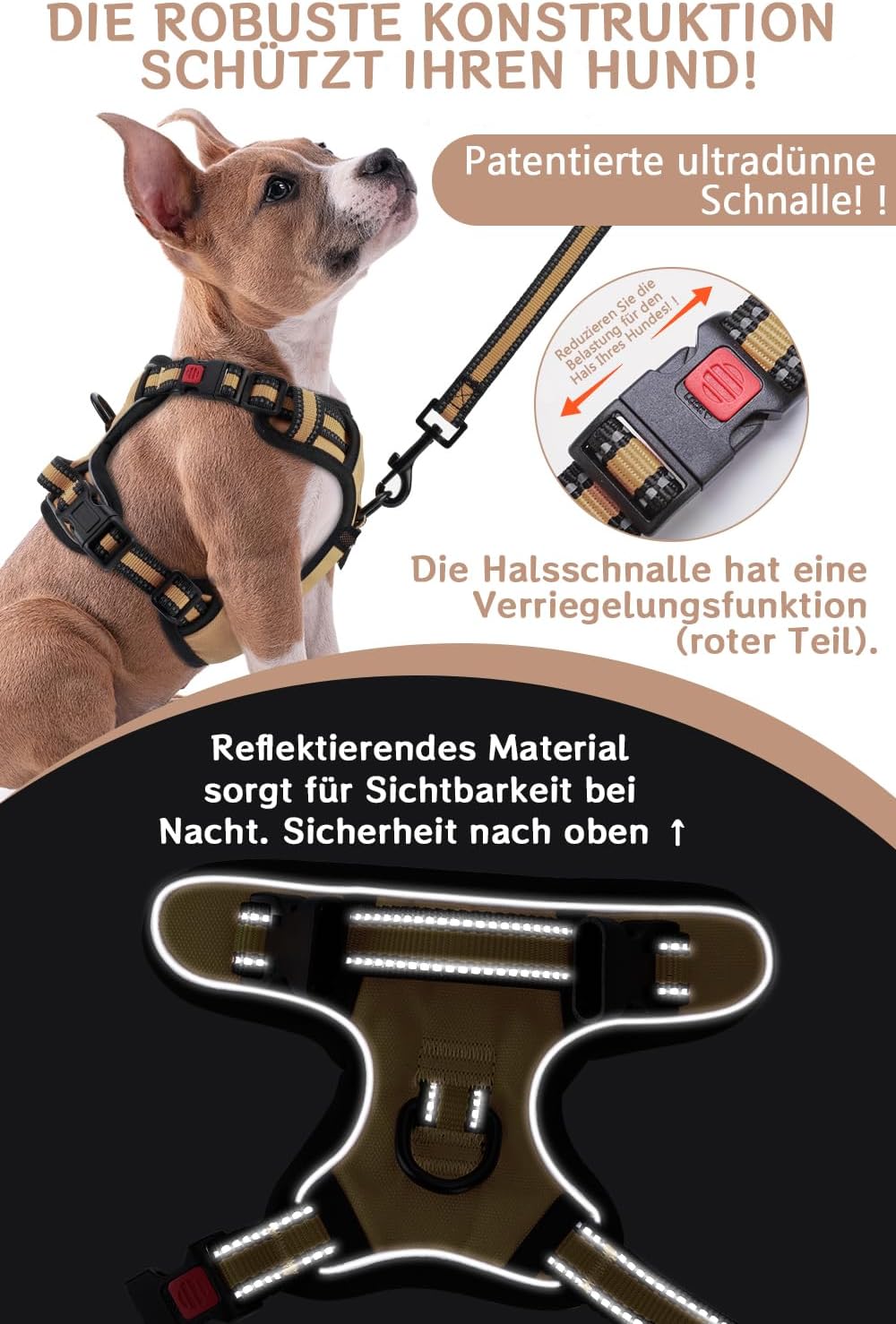 Detalle de BaoCheng Anti-Zug Hundegeschirr mit Hundegürtel (M), atmungsaktives Mesh, 3 Schnallen