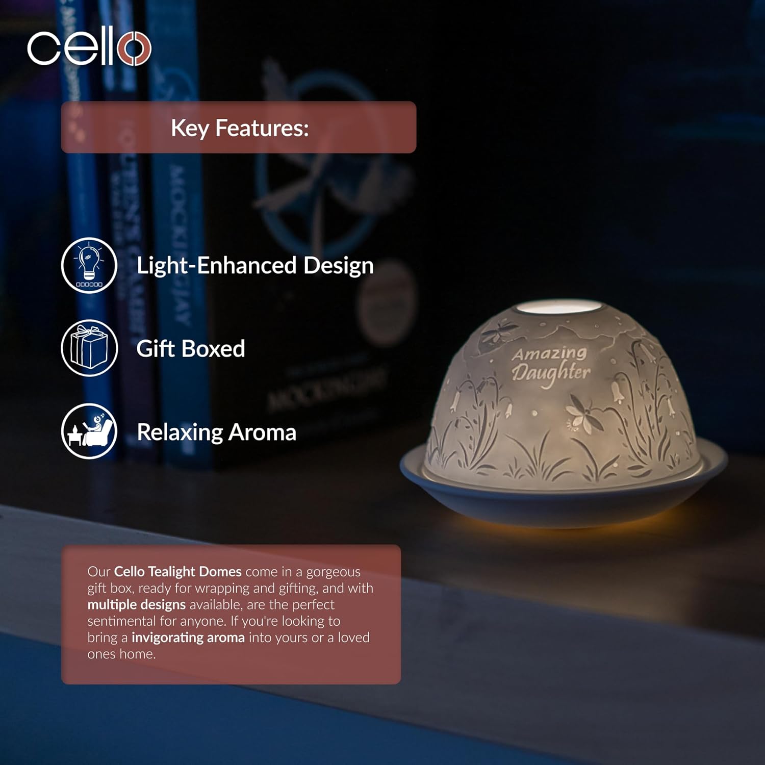 Thumbnail 2 de Cello Cello Porcelain Tealight Holder Dome – “Amazing Daughter” 3D lithophane dome LED tealight warmer