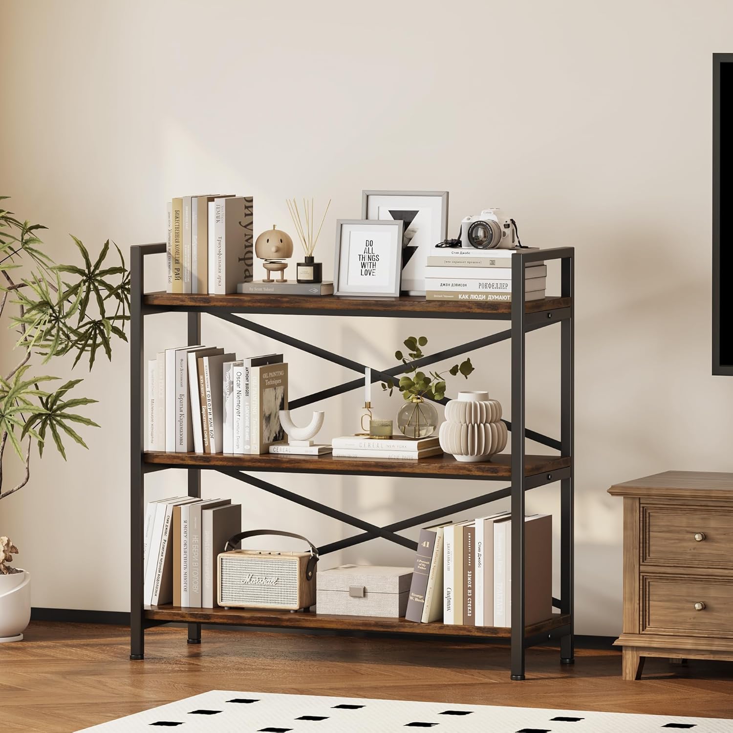 Thumbnail 1 de 3-Tier Bookshelf 31.49" Width Wood & Metal Etagere Bookcase (Rustic Brown) — 3-tier storage rack