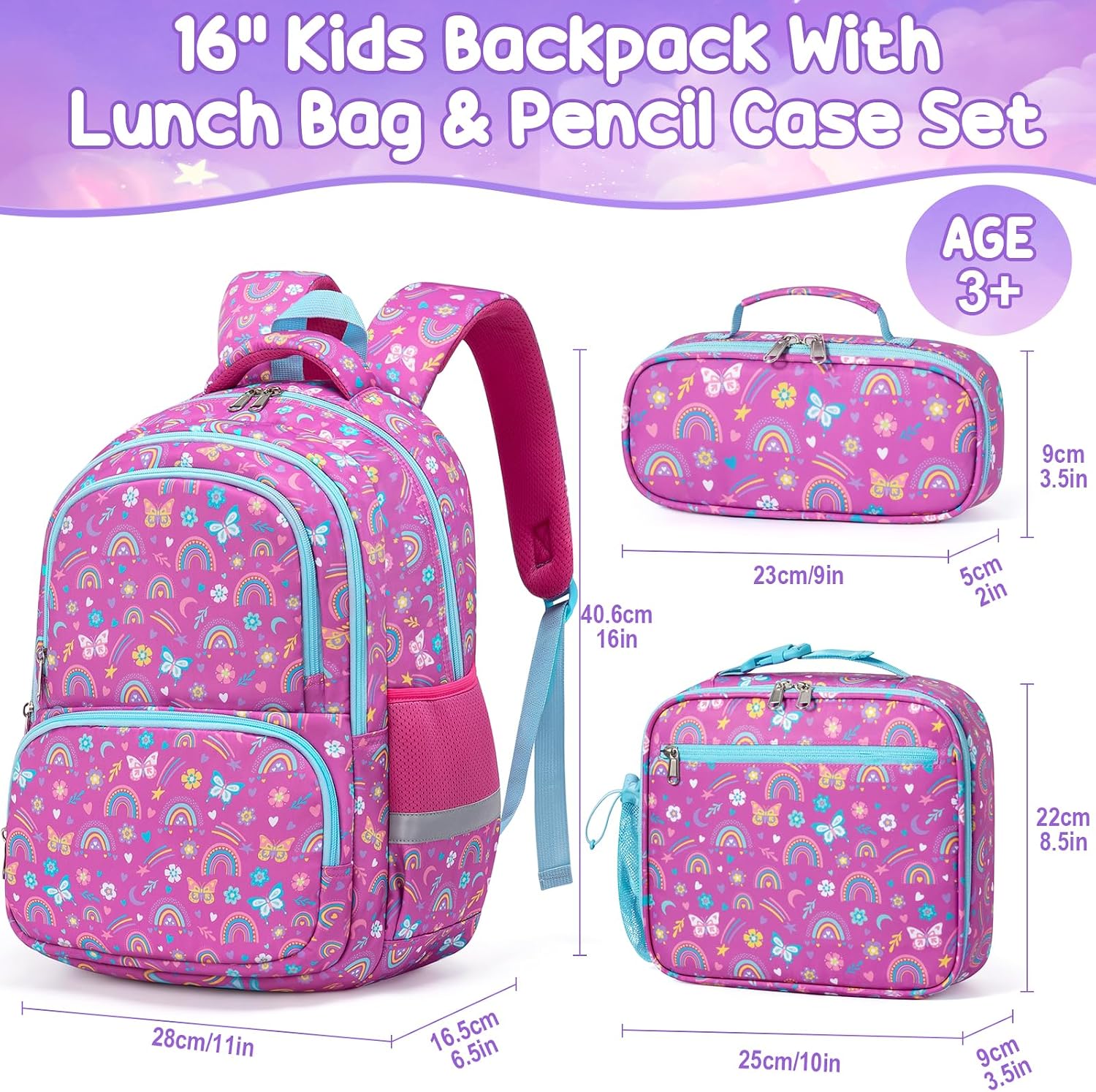 Detalle 2 de Fimibuke 3-Piece Kids Backpack Set: Waterproof School Day Bundle for Girls (Rainbow)